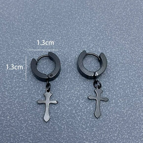 Stainless Steel Black Cross Drop Dangle Hoop Earrings Men Women NWT - Picture 3 of 3